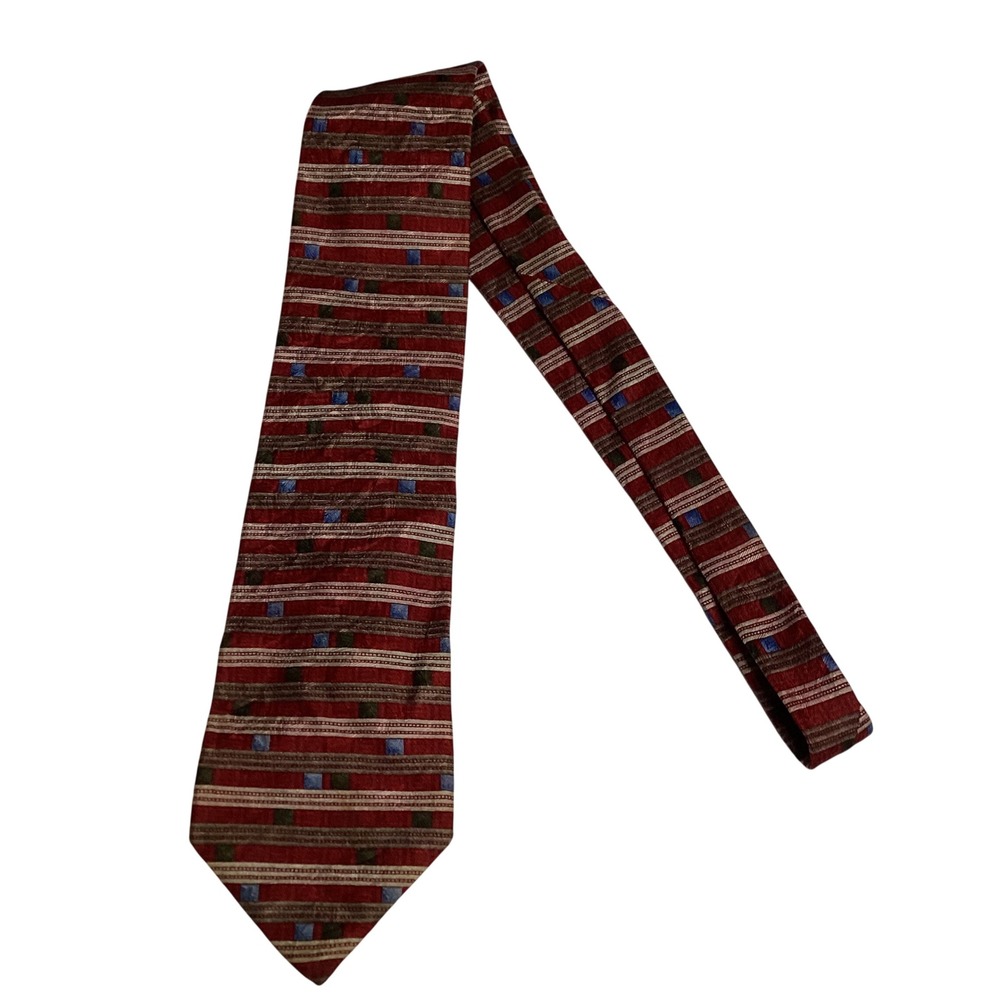 XMI 325 Series Mens Silk Tie‎ Red Geometric Striped Silk Necktie 4 Inch Wide